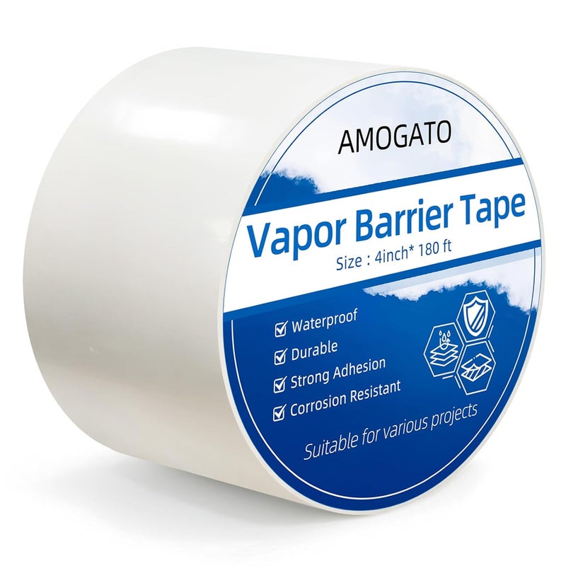 AMOGATO Vapor Barrier Tape - 4 inch x 180' Roll 8 Mil, Heavy Duty Waterproof, Polyethylene Repair Tape, Vapor Barrier Seam Tape for Industrial, Crawl Space, Roofs & Barrier Restoration - Image 1